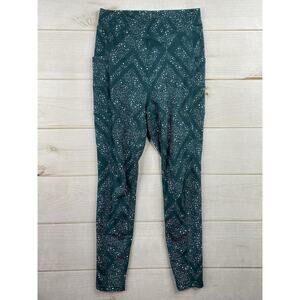 POP FIT Leggings Womens L Green Splatter Leg Pockets Logo Pull On Yoga Running